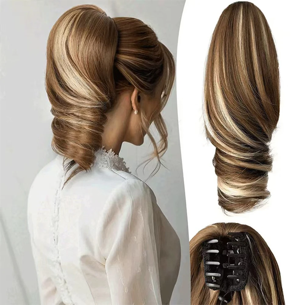 

Short Curly Wavy Ponytail Extension Claw Clip Pony Tails Hairpieces for Daily Festival Brown with Blonde Highlights
