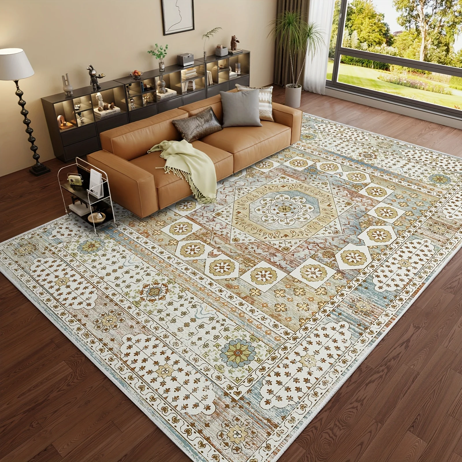 

VIKAMA Scandinavian Style Geometric Living Room Carpet Blue And Green Pattern Non Slip Living Room Bedroom Carpet Home Decor