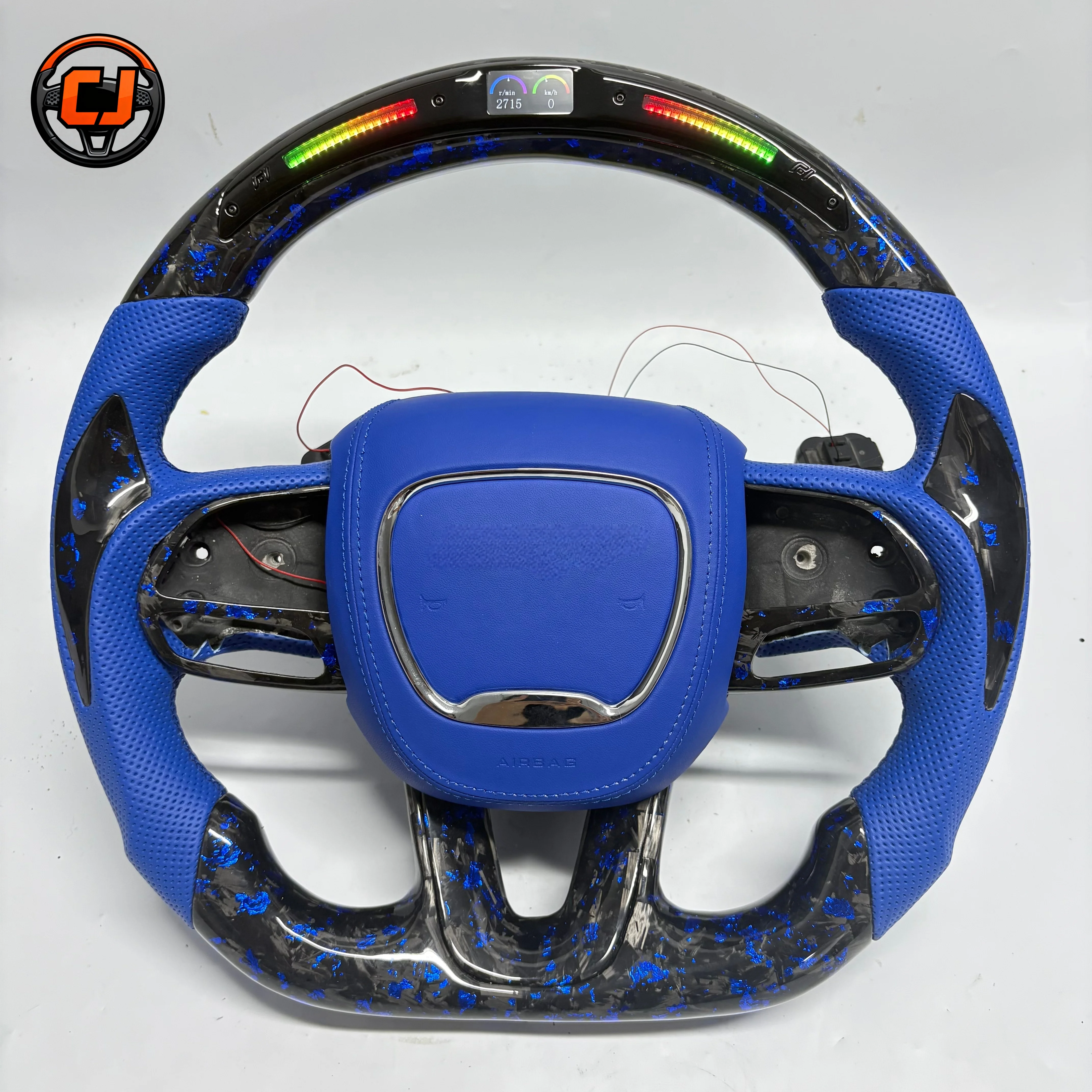 For Dodge Charger Challenger Durango 2015-2023 RT GT SRT Hellcat Blue Forged Carbon Fiber Perforated Leather LED Steering Wheel