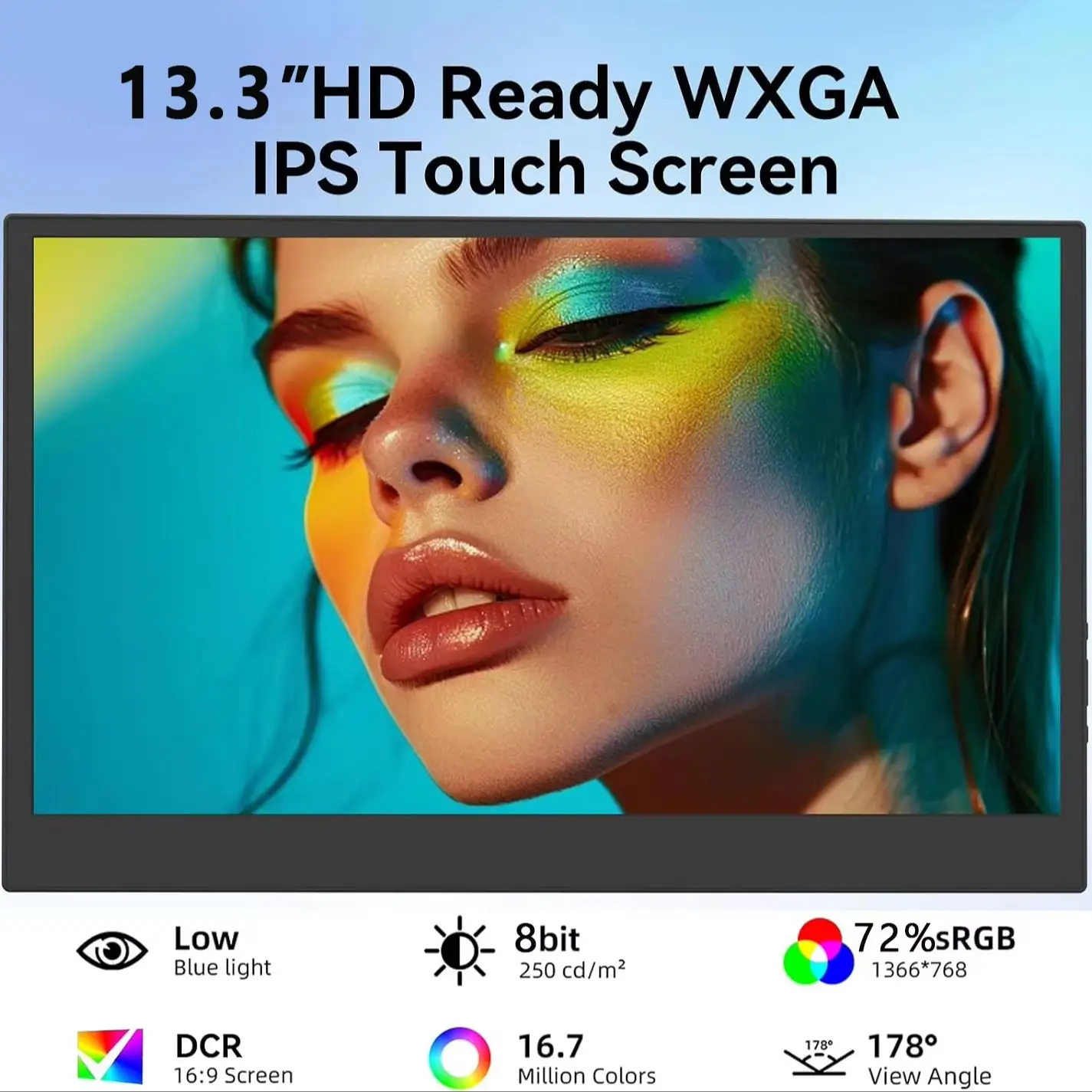 13.3 Inch 1366*768P HD Portable Monitor 72%sRGB IPS VESA Mountable External Secondary Display for Laptop Phone PS Game Console