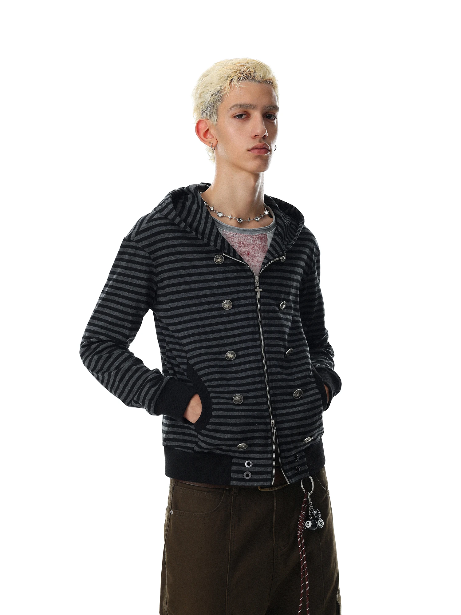MRNEARLY American Retro Street Style Hooded Zipper Jacket Striped Unisex New Model Casual Comfortable Cotton Sweatshirt
