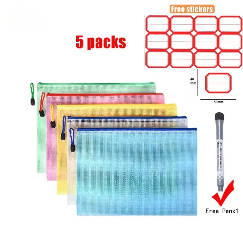 7PCS/SET A4 Size Zipper Pockets Thick Waterproof Document Bag Transparent Zipper PVC Storage Student File Folders Stationery