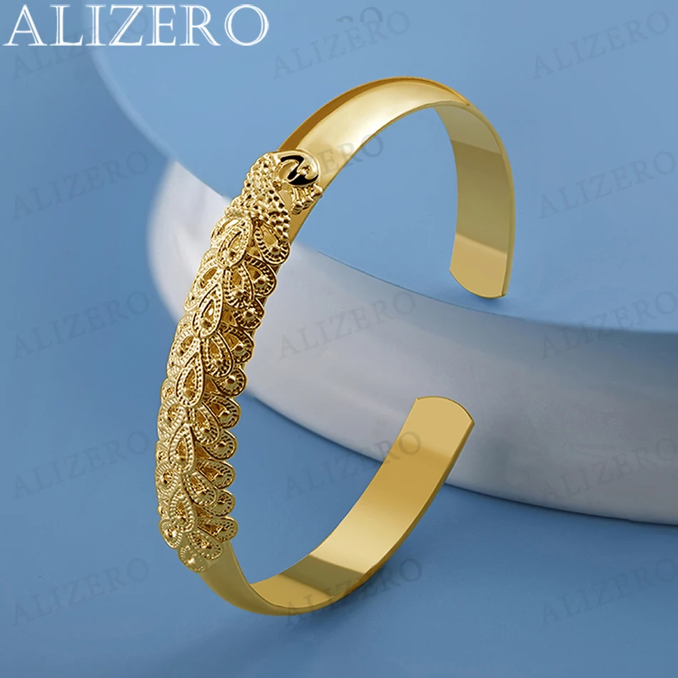 

ALIZERO 18K Gold Peacock Ppening Screen Bangles Bracelets For Women Wedding Engagement Party Fashion Charms Jewelry Gifts