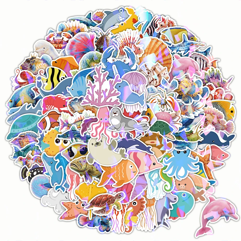 

10/30/50/100/200pcs Laser Marine Animal Cartoon Stickers Creative Graffiti Sticker Stationery Laptop Phone Cute Decals Kids Toy