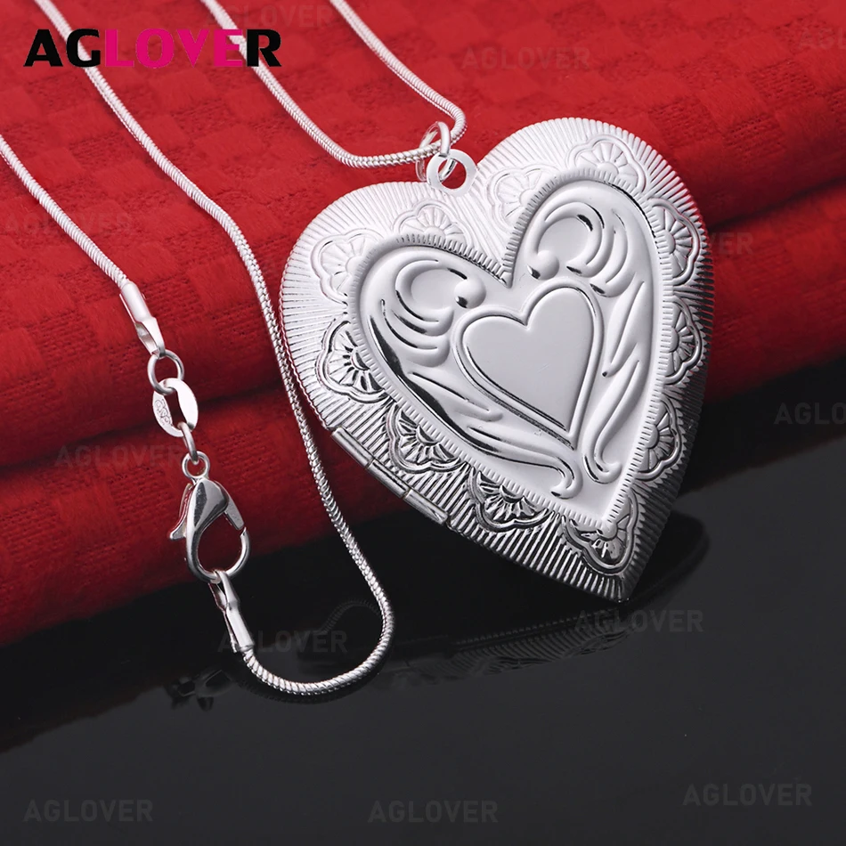 

AGLOVER 925 Sterling Silver Flower Carved Double-Open Heart Box Pendant Necklace Woman Commuter Accessory Christmas Gift Jewelry