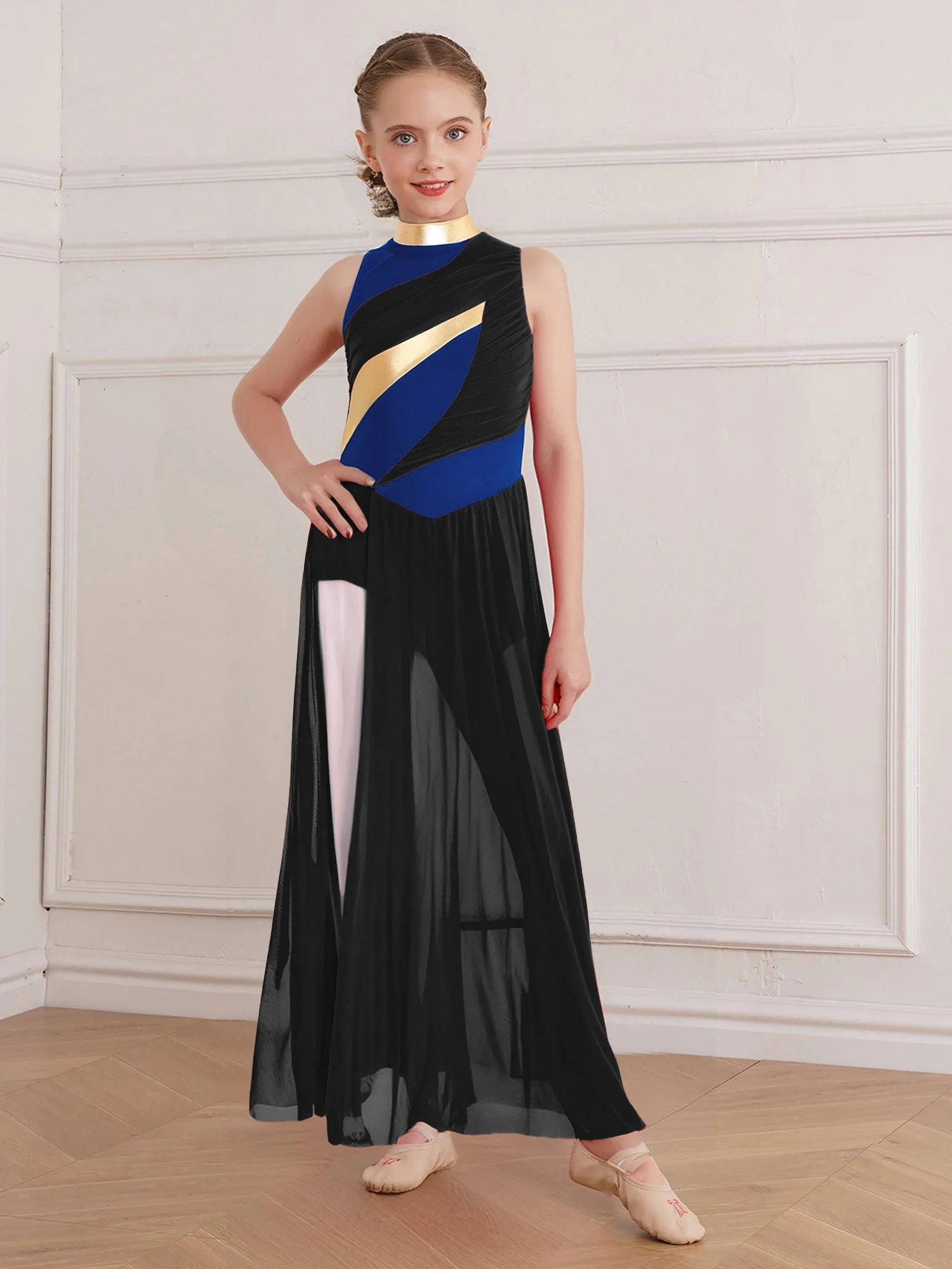 Lyrical Dance Dress Kid Girl Modern Ballet Show Costume Sleeveless Color Block Bodysuit Patchwork Mesh Split Flowy Chiffon Skirt