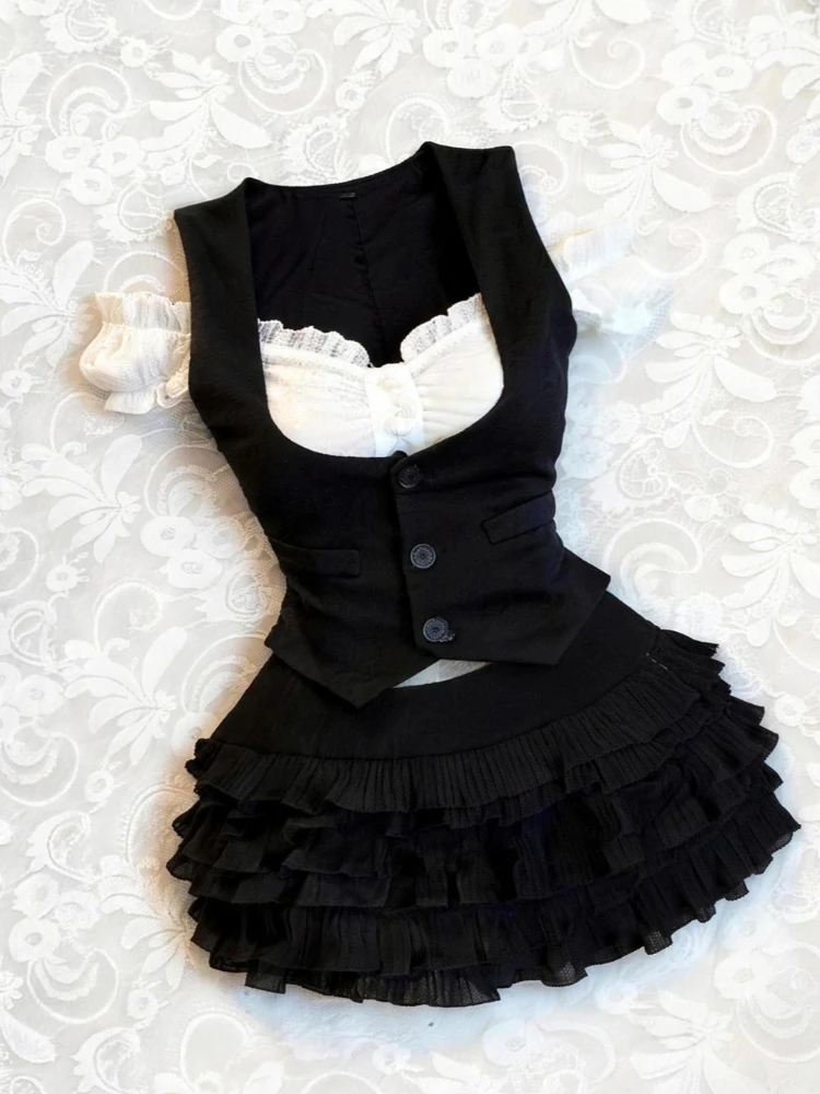 Japanese Vintage Gothic Dark 3 Piece Set Women Chic Tops + Vest + Mini Skirts Harajuku Y2k 2000s Aesthetic Slim Streetwear 2026