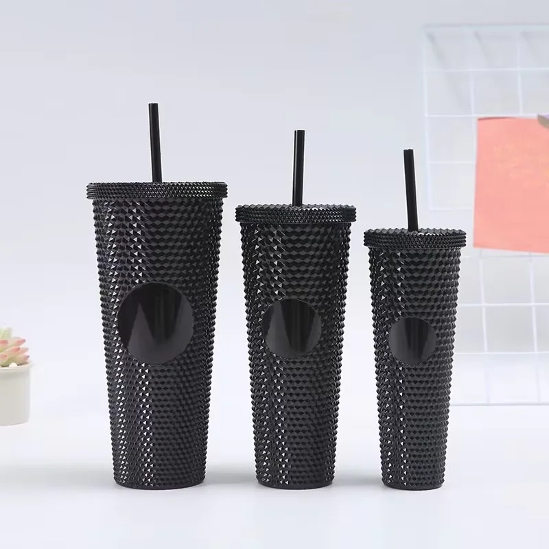 LUSQI Three Sets Of Creative Diamond Plastic Cups Large Capacity Solid Color Straw Cups Single-Layer Zapper Durian Cups
