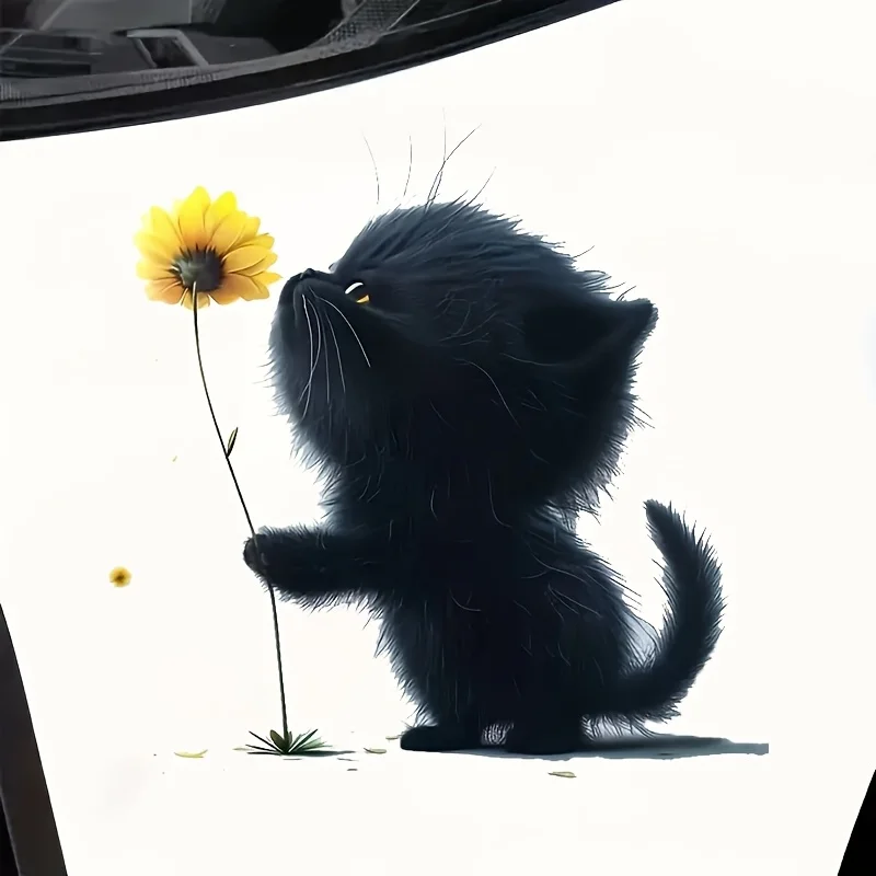 1 Black Cat And Flower Vinyl  Animal Fantasy Theme, Self-Adhesive Glitter Decoration, Smooth Surface, Suitable for Cars