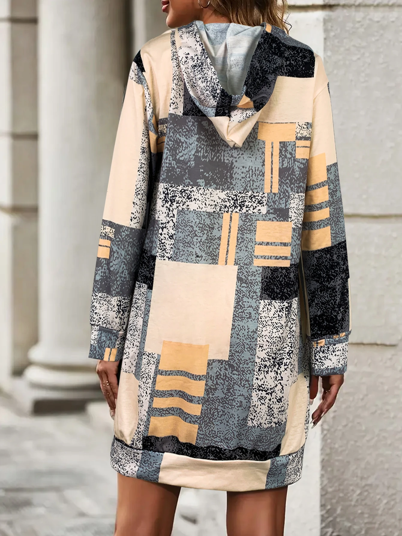 Women Hooded Sweatshirt Dress Abstract Color Block Geometric Print Long Sleeve Loose Mini Hoodie Dress Casual Autumn Daily Dress