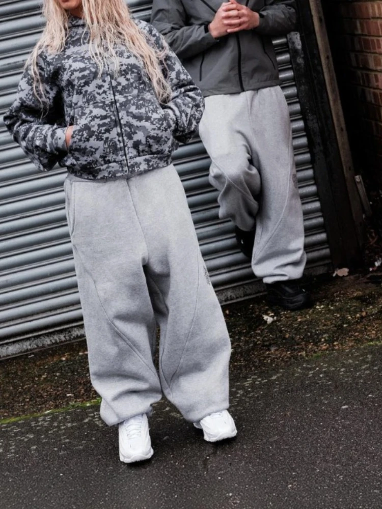 HOUZHOU Vintage Gray Sweatpants Baggy Y2k Harajuku Hip Hop Embroidery Joggers Wide Leg Sports Pants Casual Trousers Streetwear