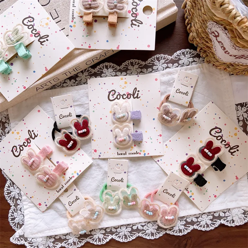 

2-Piece Baby Girl Hair Accessories Set Lace Knit Rabbit Applique Alligator Clips and Elastic Scrunchies Cute No Damage Must Have