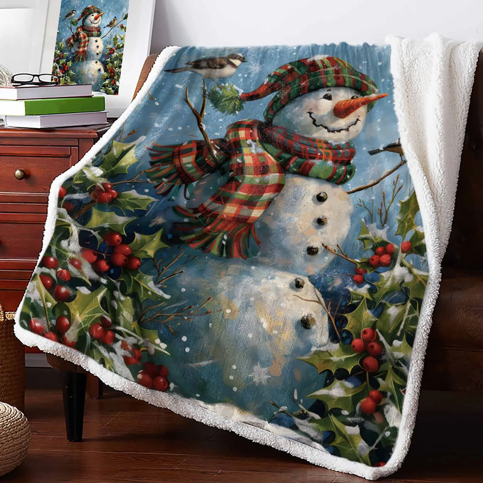 Christmas Snowman Plant Red Fruit Bird Cashmere Blanket Warm Winter Soft Throw Blankets For Beds Sofa Wool Blanket Bedspread