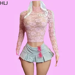 HLJ Y2K Fashion Sweet Lace Perspective Embroidery Two Piece Sets For Women Long Sleeve Slim Top And Pleated Mini Skirts Outfits