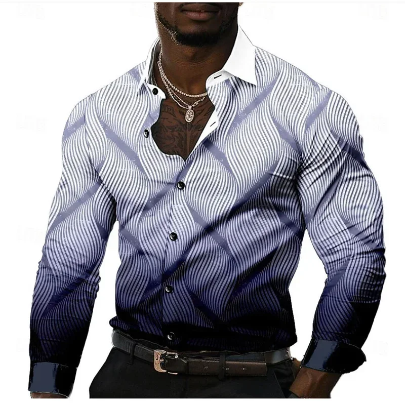 Camisa sencilla con estampado ondulado de Color de ocio para hombre, camisas informales de manga larga con solapa y botones oficiales, ropa de gran tamaño de Color gris para primavera