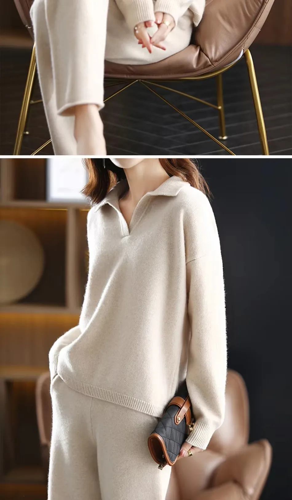 Winter 2026 Neuer Kaschmiranzug für Damen, lockerer Pullover mit Revers, lässige, weit geschnittene Hose, gestrickt, 100 % reine Wolle, zweiteiliger Anzug – Detail 11
