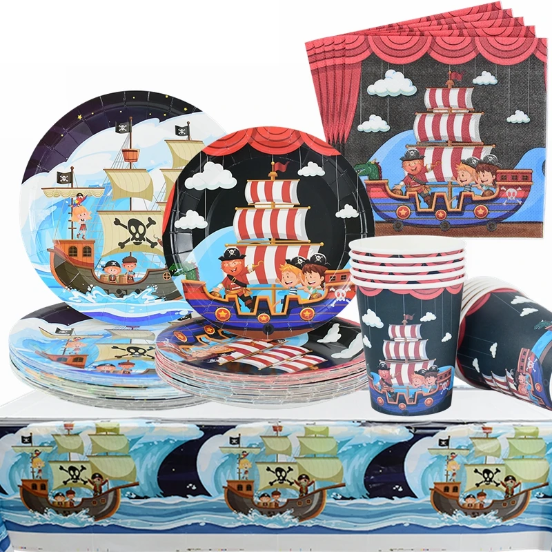 Pirate Theme Disposable Tableware Paper Plate Napkin Cup Tablecloth Pirate Treasure Birthday Halloween Party Decoration Supplies