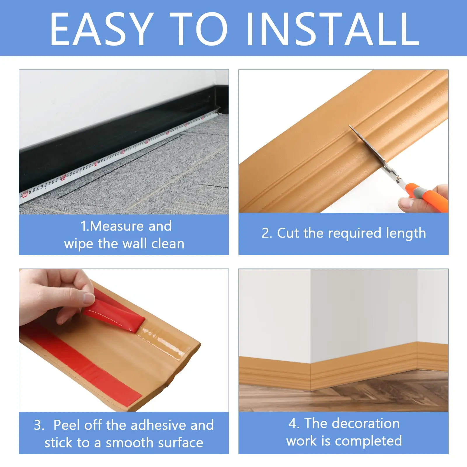 Flexível Wall Baseboard Molding Trim, Peel and Stick Wall Base, Vinil Molding Trim, 4 em x 16,4 pés (L)