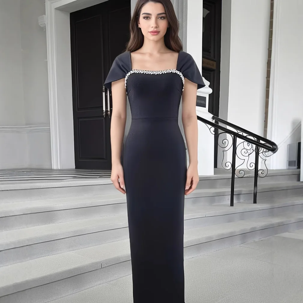 

Women Celebrity Sexy Square Collar Black Red Blue Diamonds Maxi Long Bandage Dress 2025 Elegant Evening Club Party Outfit