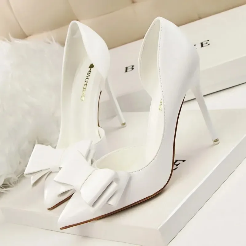 2025 Fashion Delicate Sweet Bowknot High Heel Shoes Side Hollow Pointed Women Pumps Pointed Toe 10.5CM thin Dress Shoes