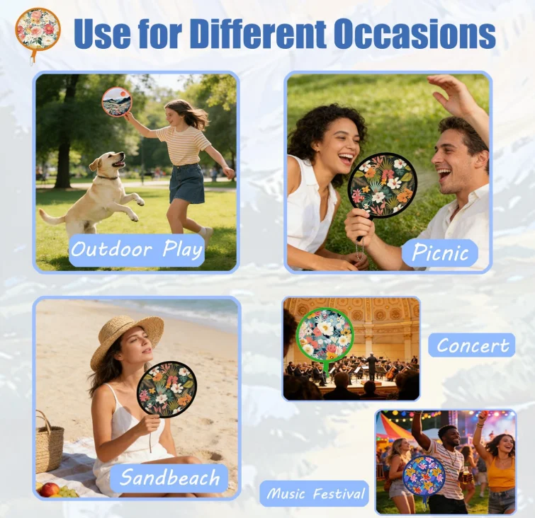 Round Foldable Fan Hand Fans Summer Handheld Folding Fan Portable Cooling Fans With Storage Bag For Outdoor Beach