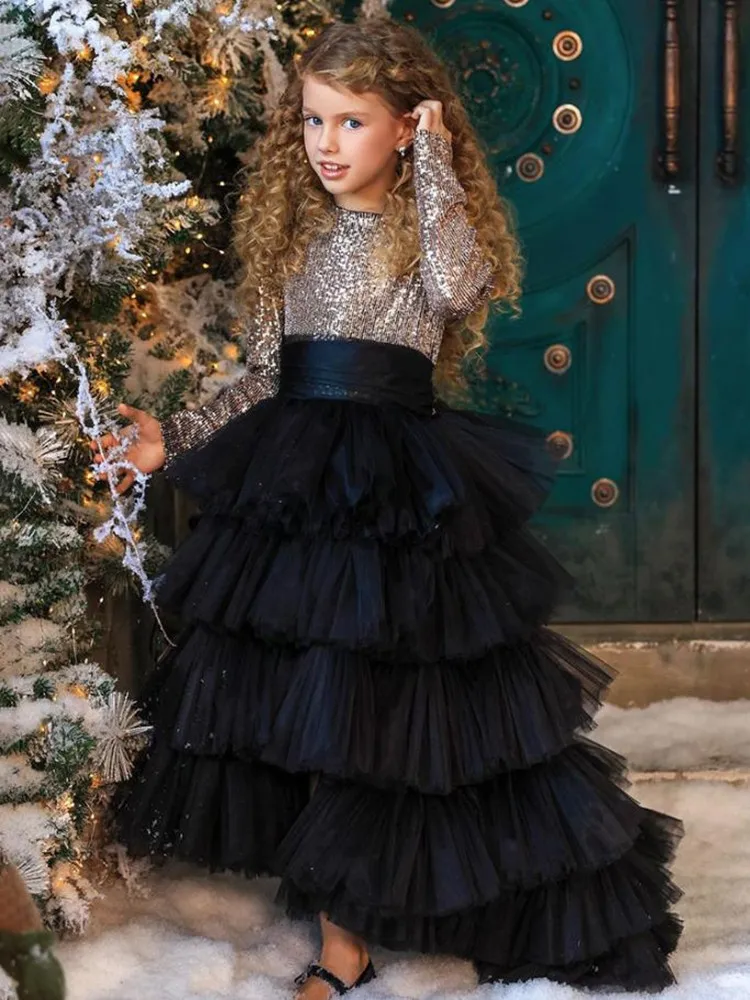 High-End Girls Elegant Princess Trailing Dress Sequins Mesh Design Kids Perform Wedding Birthdays Party Evening Gown A3480