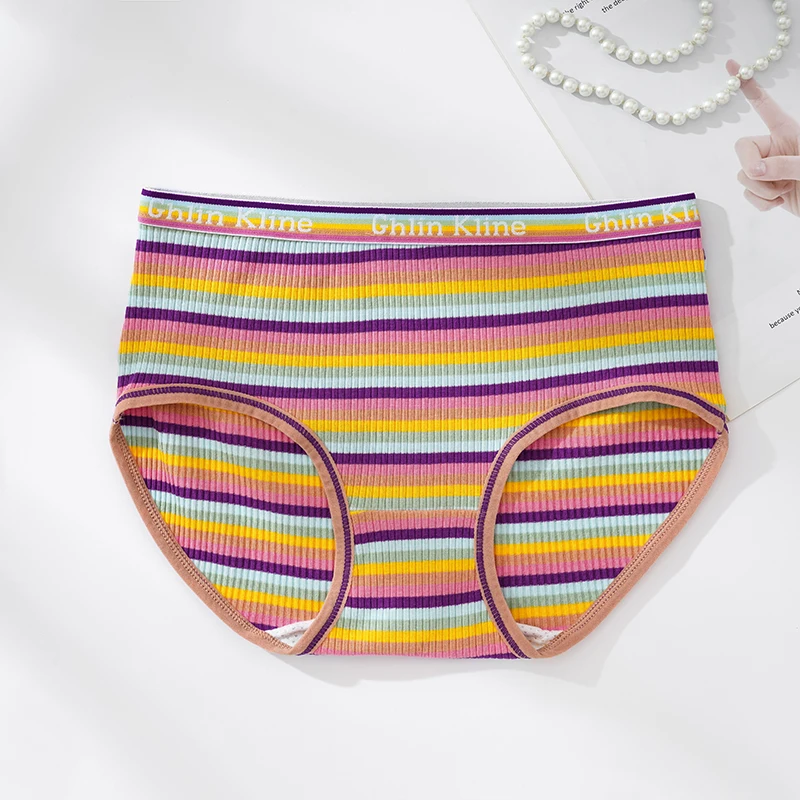 Plus size M-2XL rainbow patterned panty for women lift buttons under wear 100% cotton Seamless briefs