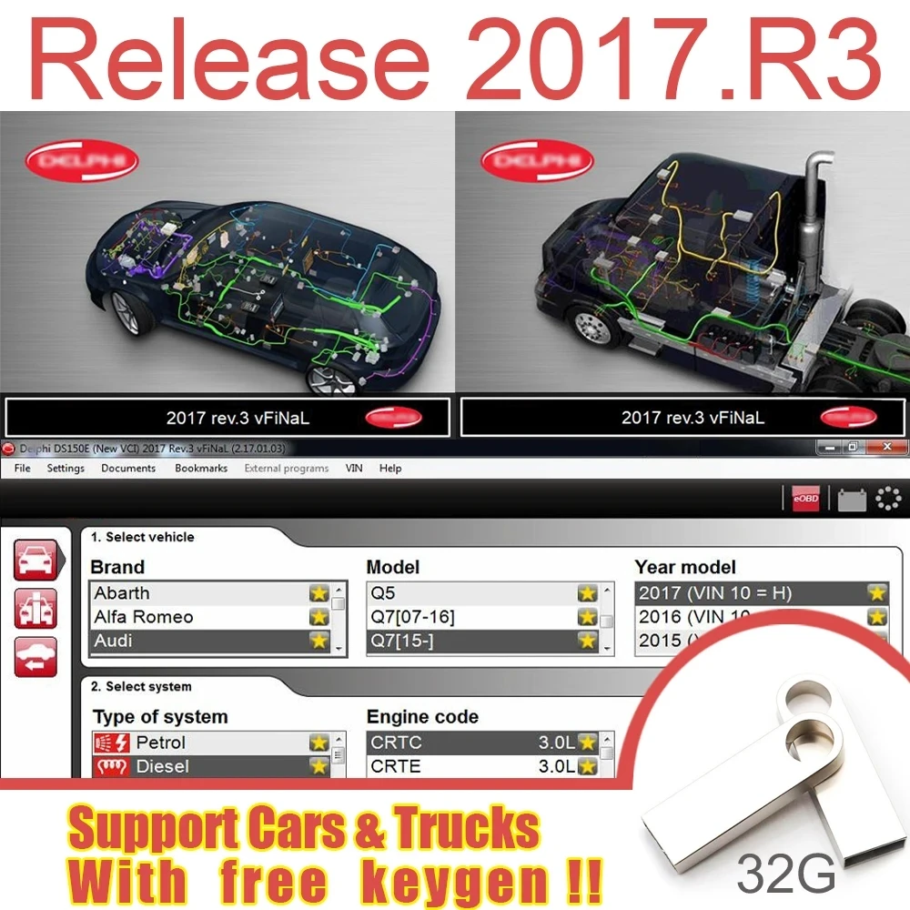 2023 El más nuevo Del-phis 2021.10b con software keygen DS 150e delphi 2017 r3 Códigos OBD2 Software de diagnóstico Compatible Bluetooth