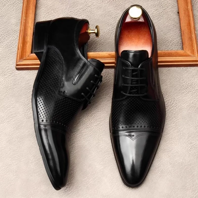 Business Formal Leather Shoes Man Genuine Leather Three-joint Carved Pointed Toe Dress Shoes British Hollow-out Sandals