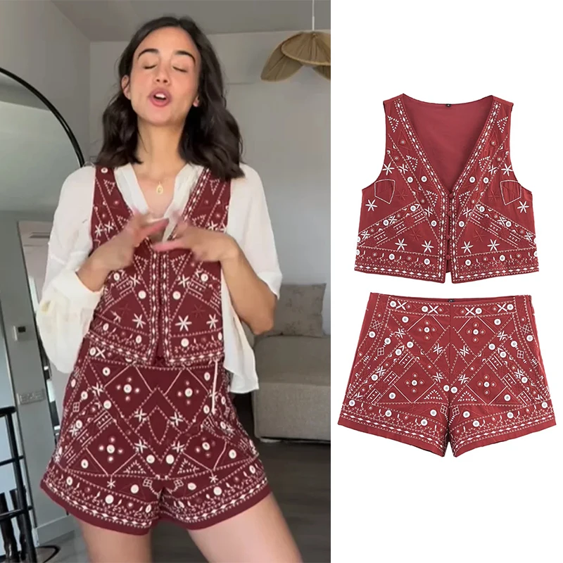 

Комплект с шортами, новые комплекты в тон, праздничная одежда, летняя одежда с вышивкой, женский наряд для отдыха, хлопок, пляжный фестиваль, леди