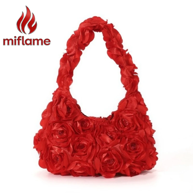

Miflame Vintage Satin Sequins Rose Flowers Crescent Clutch Bag for Wedding Evening Party Bridal Purse