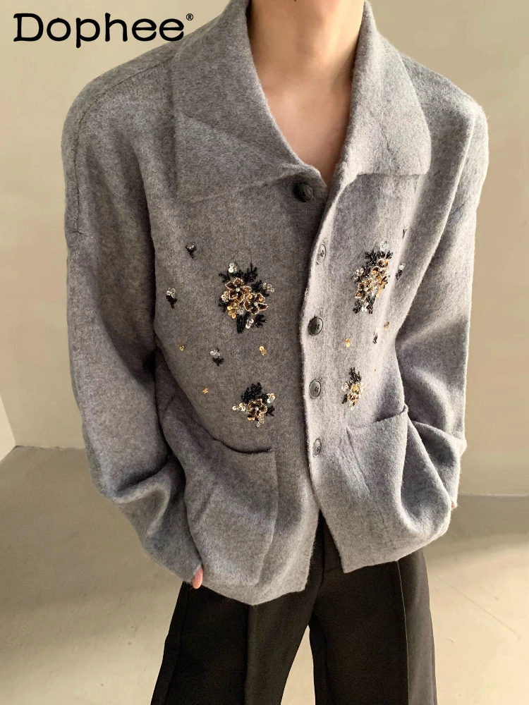 

Мужские осенне-зимние новые высококачественные элегантные вязаные свитера с вышитым дизайном, мужской кардиган, модный однотонный свитер, пальто