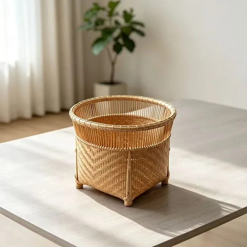 Natural Bamboo Woven Fruit Basket Handmade Tea Set Storage Tray Chinese Style Snack Plate Household Kitchen Organizer