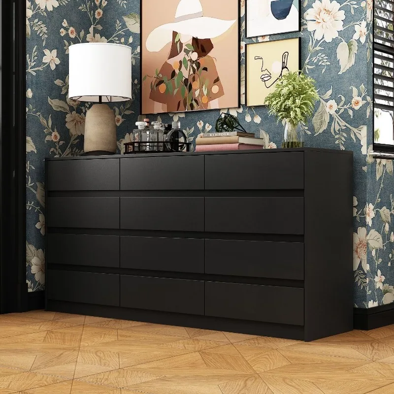 Chest of Drawers Black 12 Drawer Dresser No Handle, Modern Contemporary Dresser, 12-Drawer Cabinet Dresser for Bedroom (6