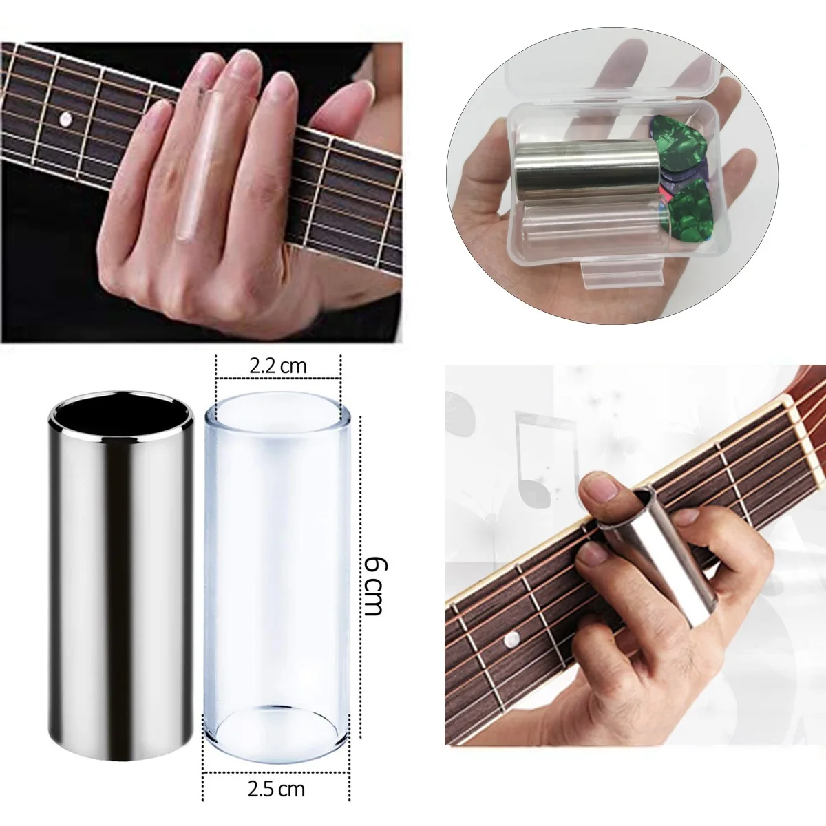 Guitar Slide Bar Stainless Steel Metal/ Glass Finger Slides 10pcs Celluloid Thumb & Finger Picks Storage Box Guitar Accessories