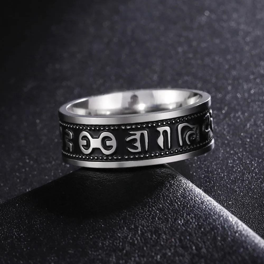 COOLTIME Tibetan Six Character Proverbs Rings Stainless Steel Om Mani Padme Hum Rings for Men Women Buddhist Amulet Jewelry