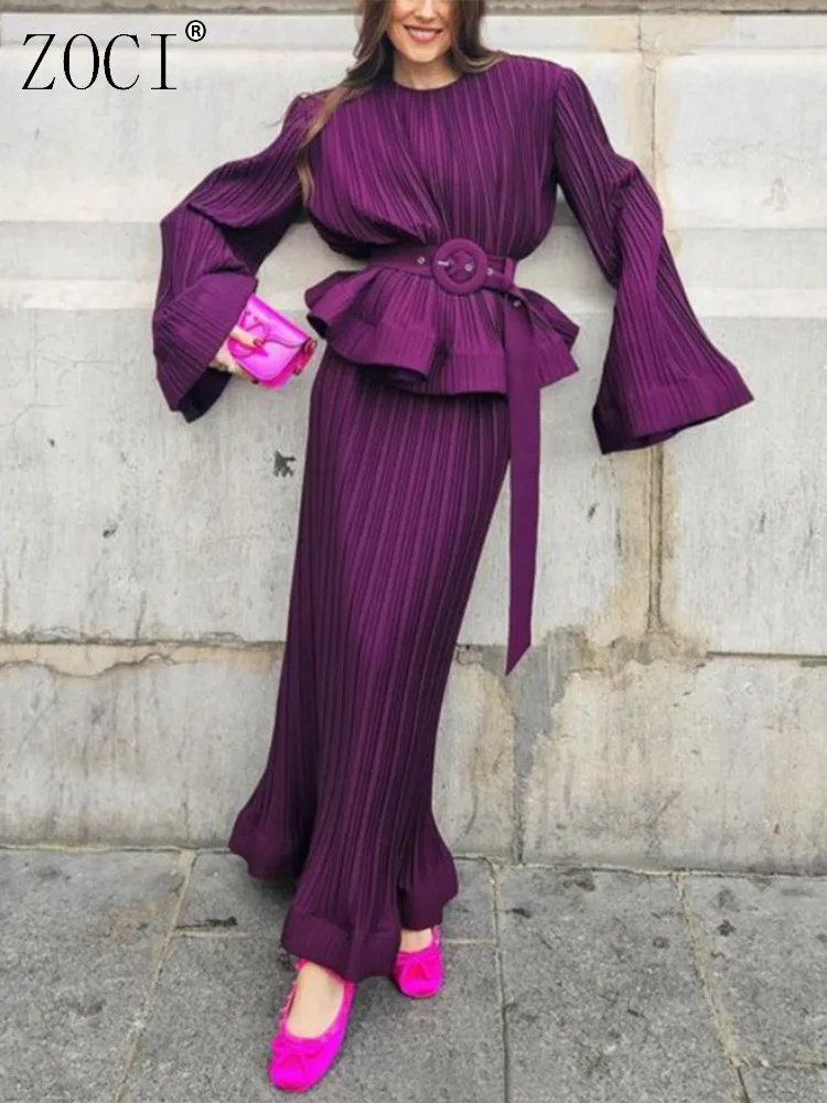 

ZOCI Women's Skirt Suit Flounce O-neck Tops With Belt Elegant 2 Pcs Sets High Waist Pleated Skirts For Female 2025 Spring New