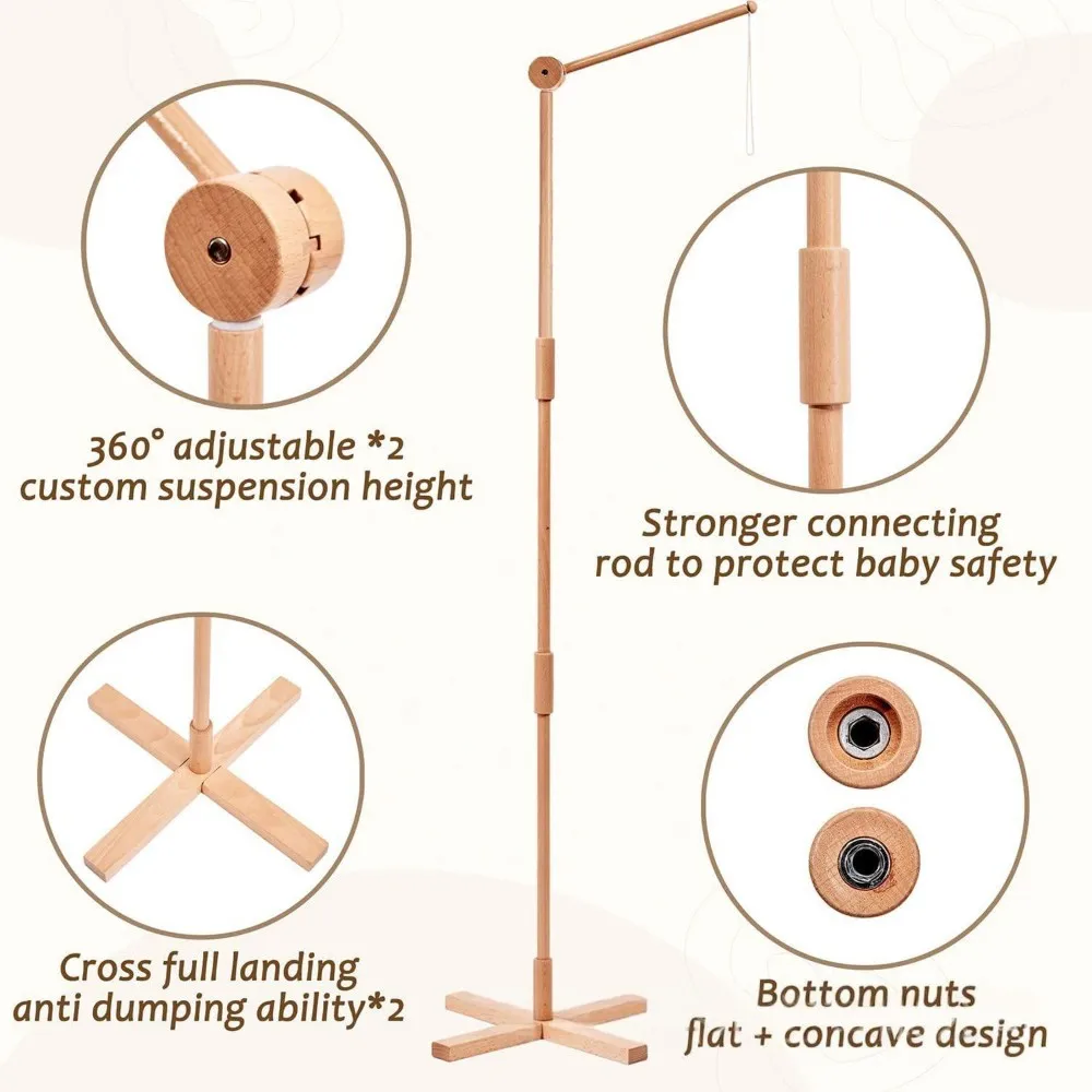 WOWFU-Wooden Floor Standing Mobile 61 Inches For Crib-For Crib Movable Baby Mobile Hanger Anti-Dumping Attachment