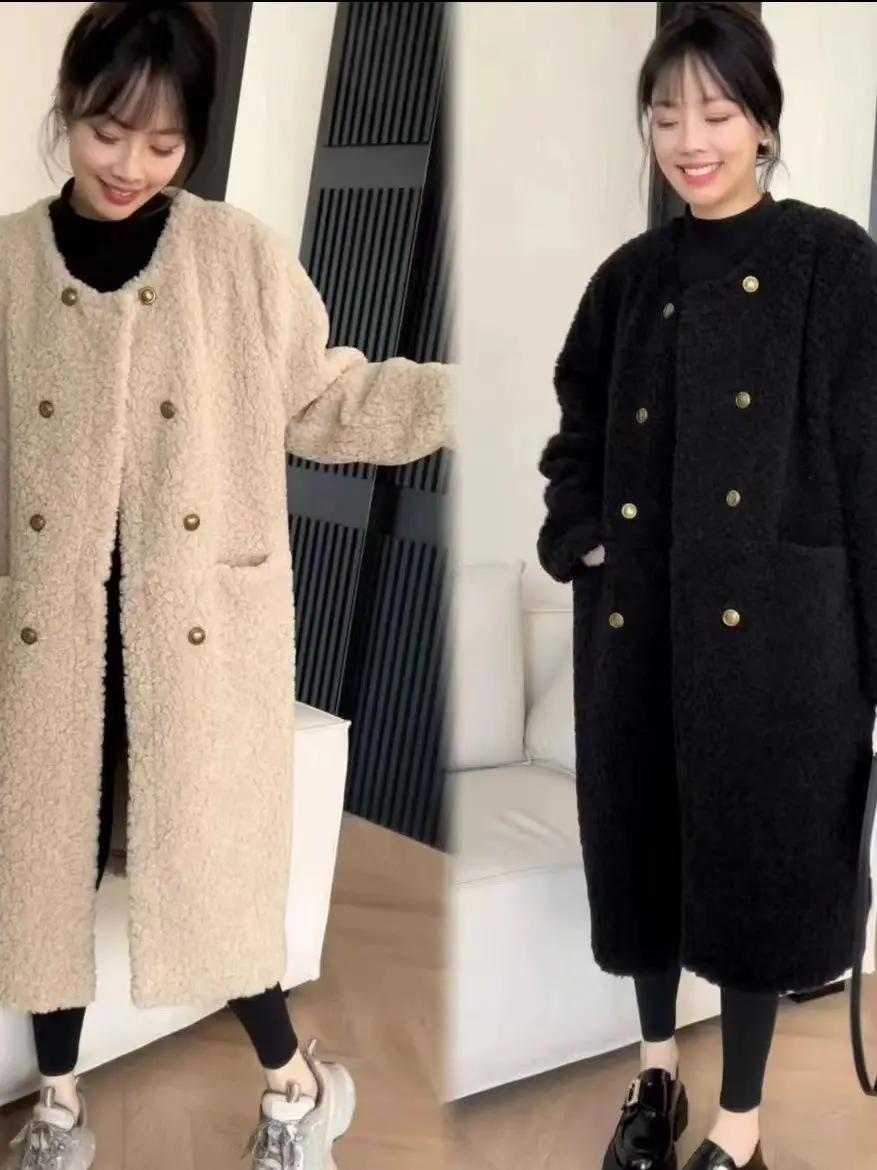 Warme, bezaubernde, lange Lammfell-Jacke, lockere, vielseitige Winter-Oberbekleidung, Polyesterfaser, langer Sve, runder Ne-Doppelknopf