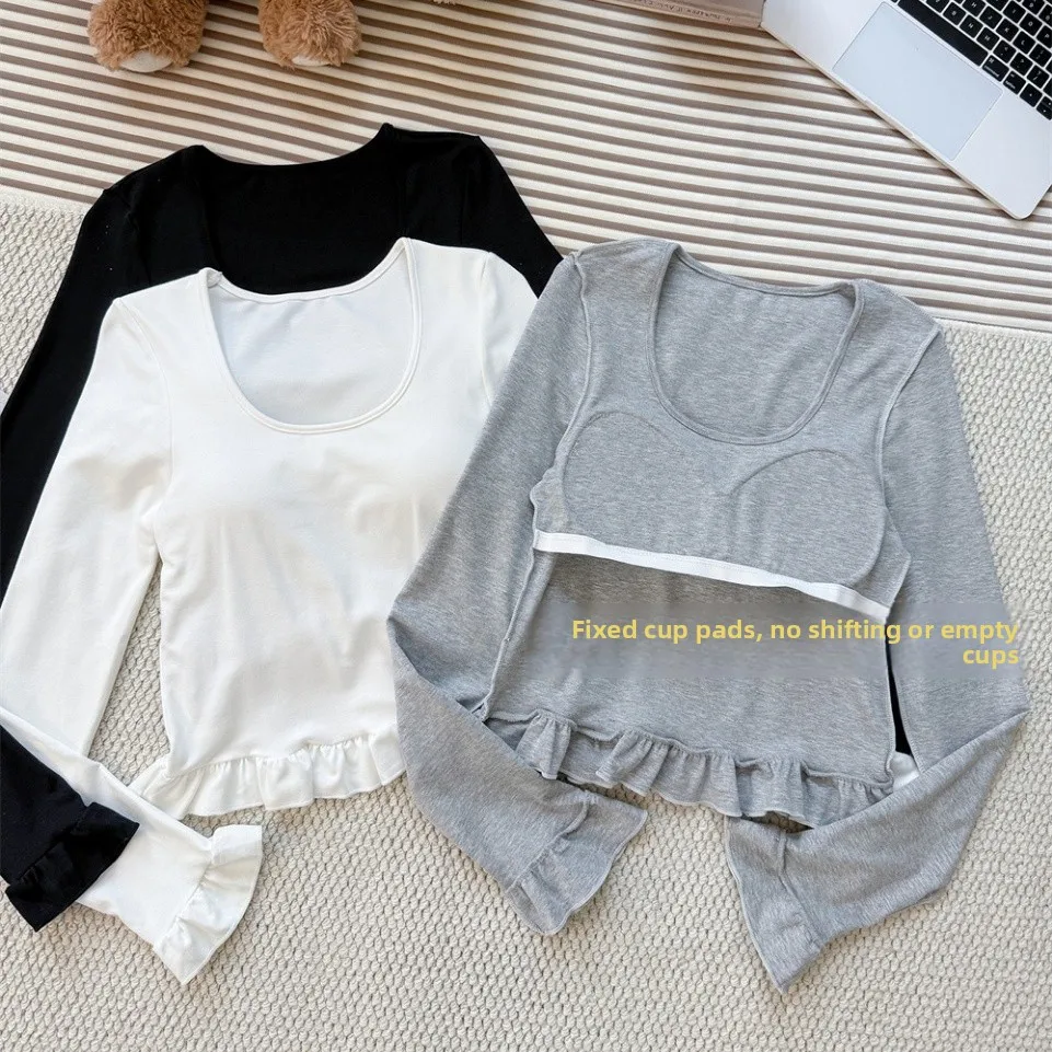 Autumn New Style Pure Desire Girl U-neck Shoulder Pad Long Sleeve T-shirt Women's Slim Fit Fixed Belt Chest Pad Short Model