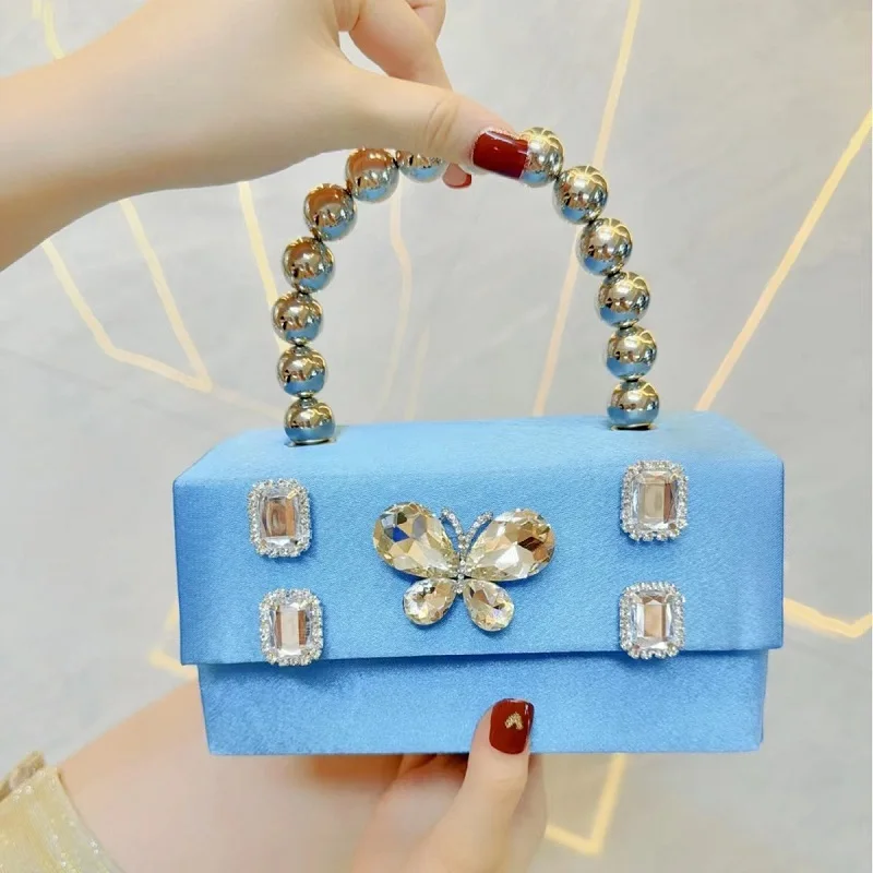 

The new diamond butterfly rhinestone hand bag small square bag banquet silk satin shoulder slung dinner bag