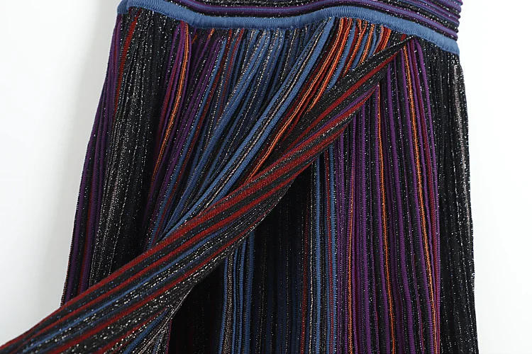 High Quality Women V Neck Metallic Sequined Embellished Striped Waist Pleated Long Knit Dress