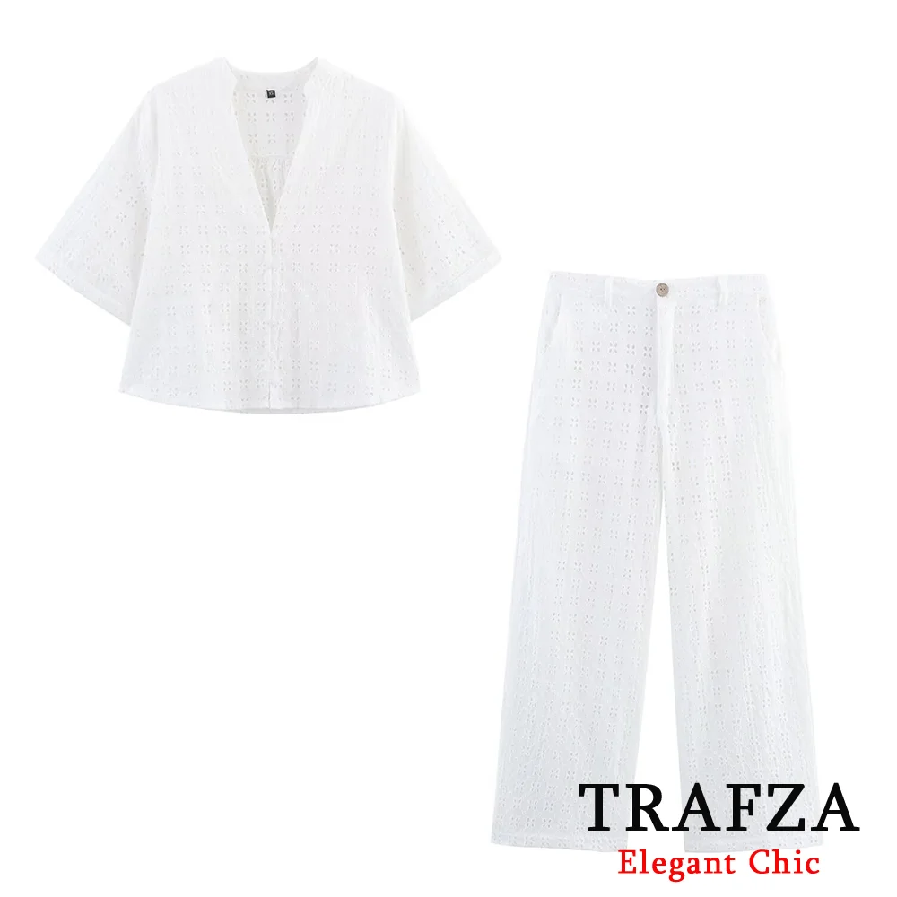 

TRAFZA Women Slim Embroidery Pants Set Short Sleeve V-Neck Top or Long Pants Fashion Summer 2025 Vacation Casual Mujer Set