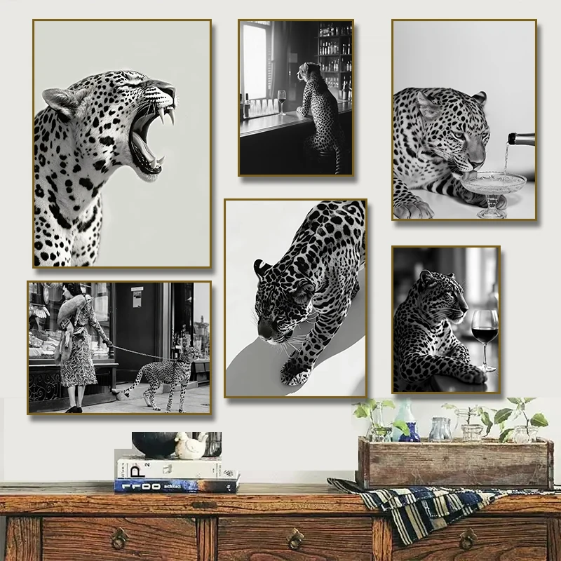 Leopard Roar Drinking Champagner Poster Kunstdruck: Schwarz-Weiß-Luxus-Tier-Leinwandgemälde für Wohnzimmer, Heimdekoration
