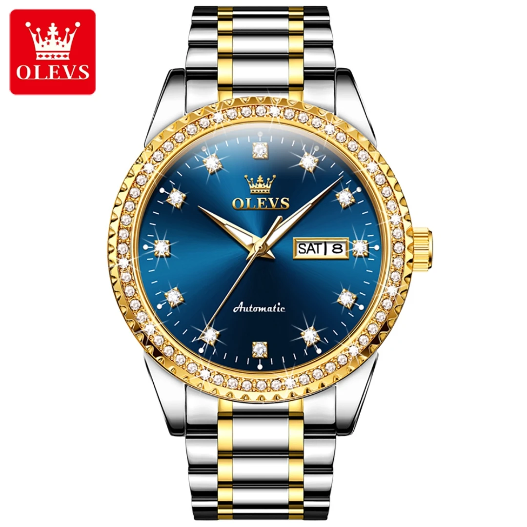 

OLEVS 7003, модные механические часы, подарок, ремешок из нержавеющей стали, наручные часы с круглым циферблатом, дисплей недели, светящийся календарь