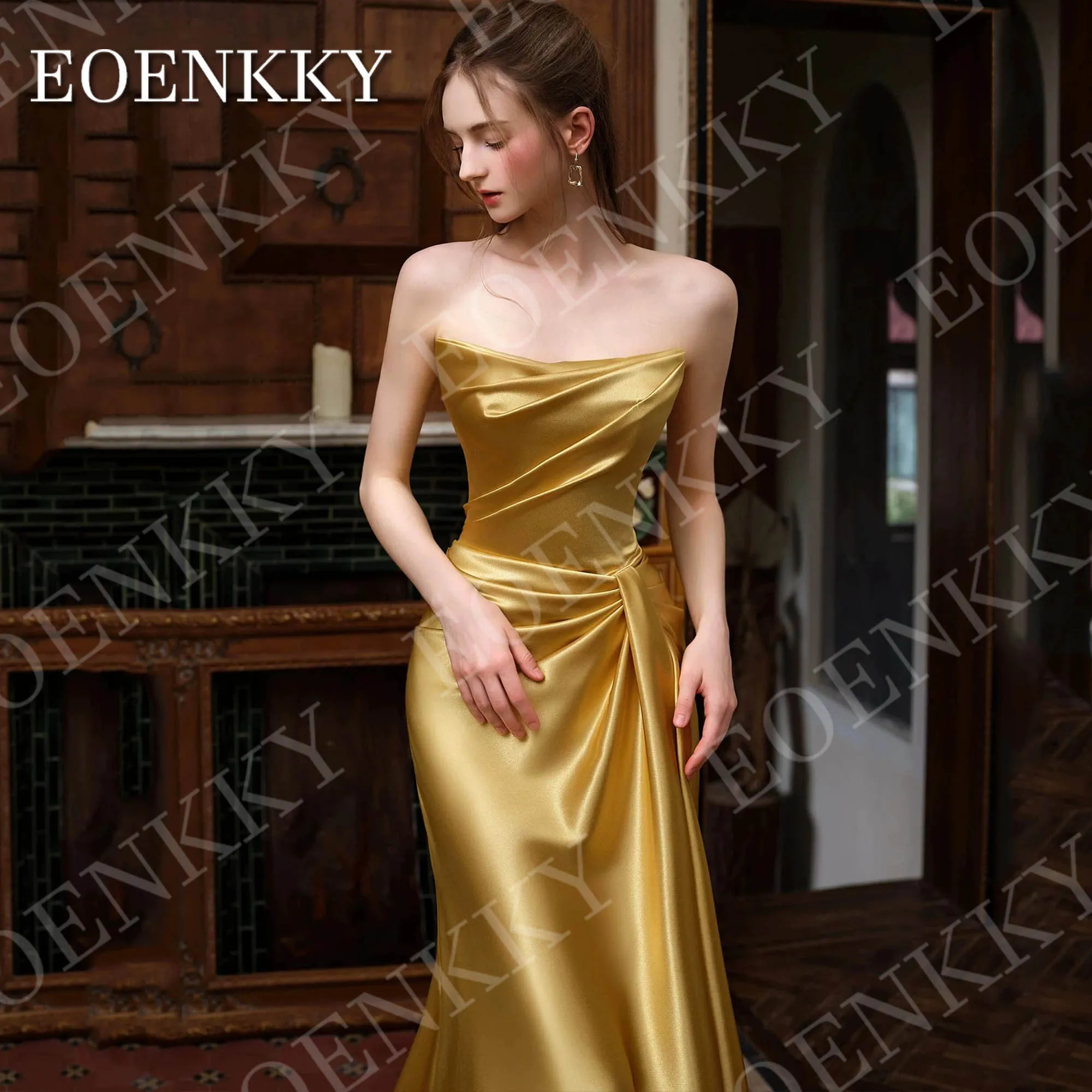 EOENKKY Sirena Abiti da sera eleganti Abiti da ballo sexy senza spalline Abito da festa in raso dorato personalizzato Donna Sirena elegante abiti da sera sexy senza spalline abiti da ballo personalizzati raso oro festa