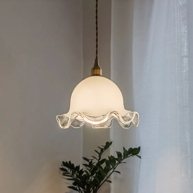 Nordic simple medieval French brass bud glass chandelier bedroom bedside restaurant bar entrance aisle lamp
