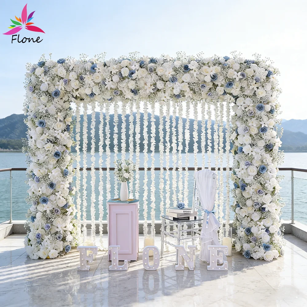 

H2.1M White Rose & Baby's Breath Artificial Flower Arrangement-Double-sided Arch Flower Row for Wedding Anniversary Decor FL2894