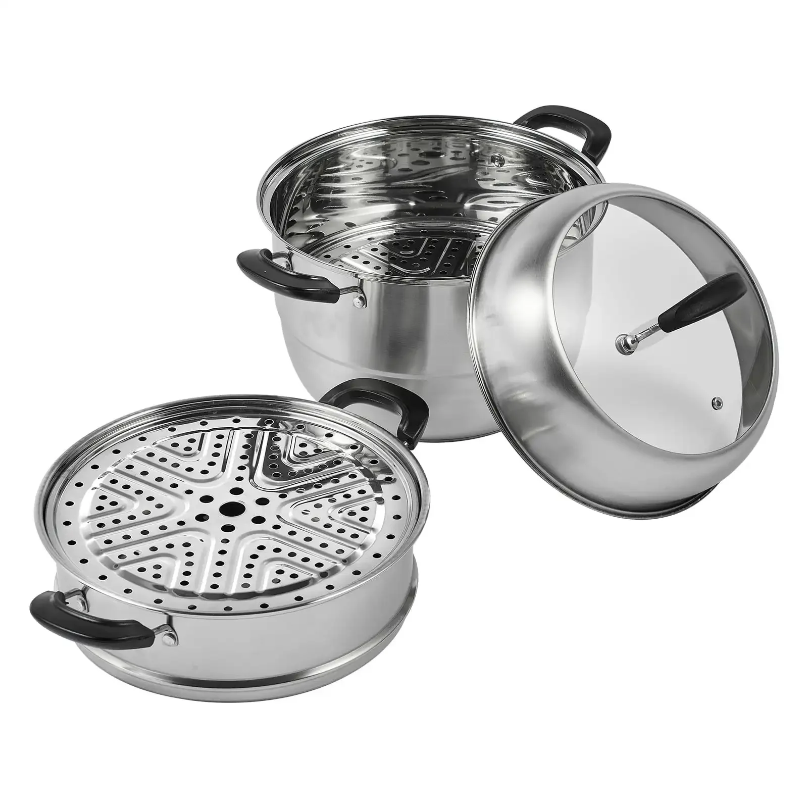 

3-х уровневая кастрюля для приготовления пищи с кастрюлей емкостью 8,5 QT, пароваркой для овощей и 2 противнями для приготовления на пару, пищевая еда из нержавеющей стали 304