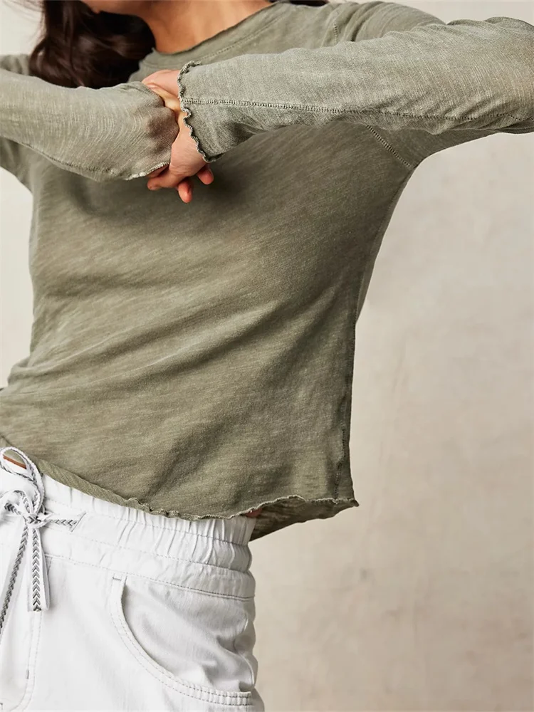 CHRONSTYLE Women Solid Color Pullovers Tops Basic Tees Long Sleeve Round Neck Patchwork Slim Fit Casual T-Shirts Streetwear 2023